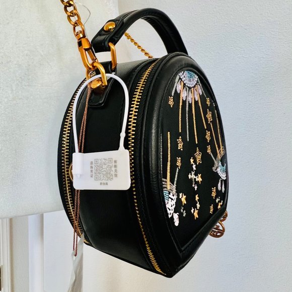 NWT Smile Focus Celestial Eye Embroidered Black Leather Crossbody Luxury Handbag - Picture 5 of 16